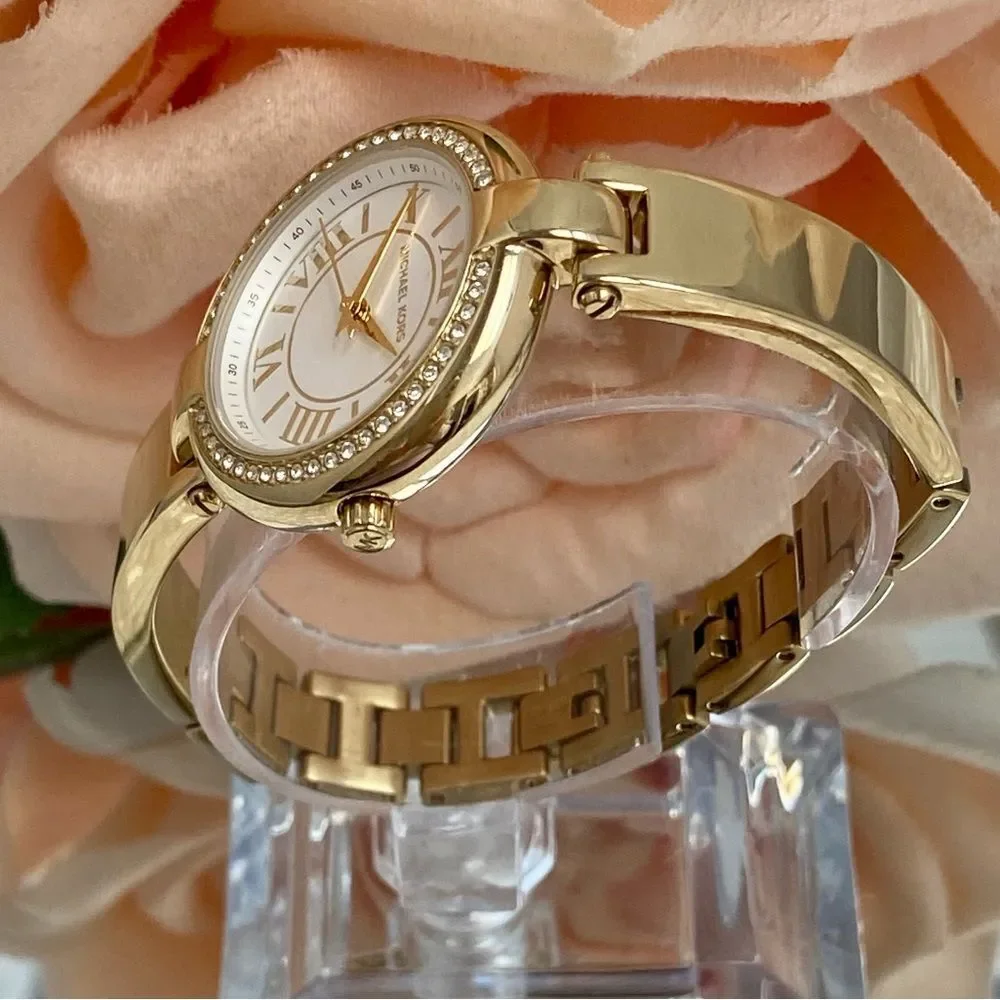 Michael Kors Mini Laney Crystal Accented Bezel Gold-Tone Bangle Watch